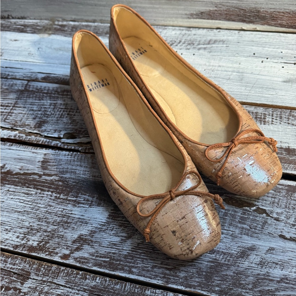 Stuart Weitzman Tan Cork Flats with Bow